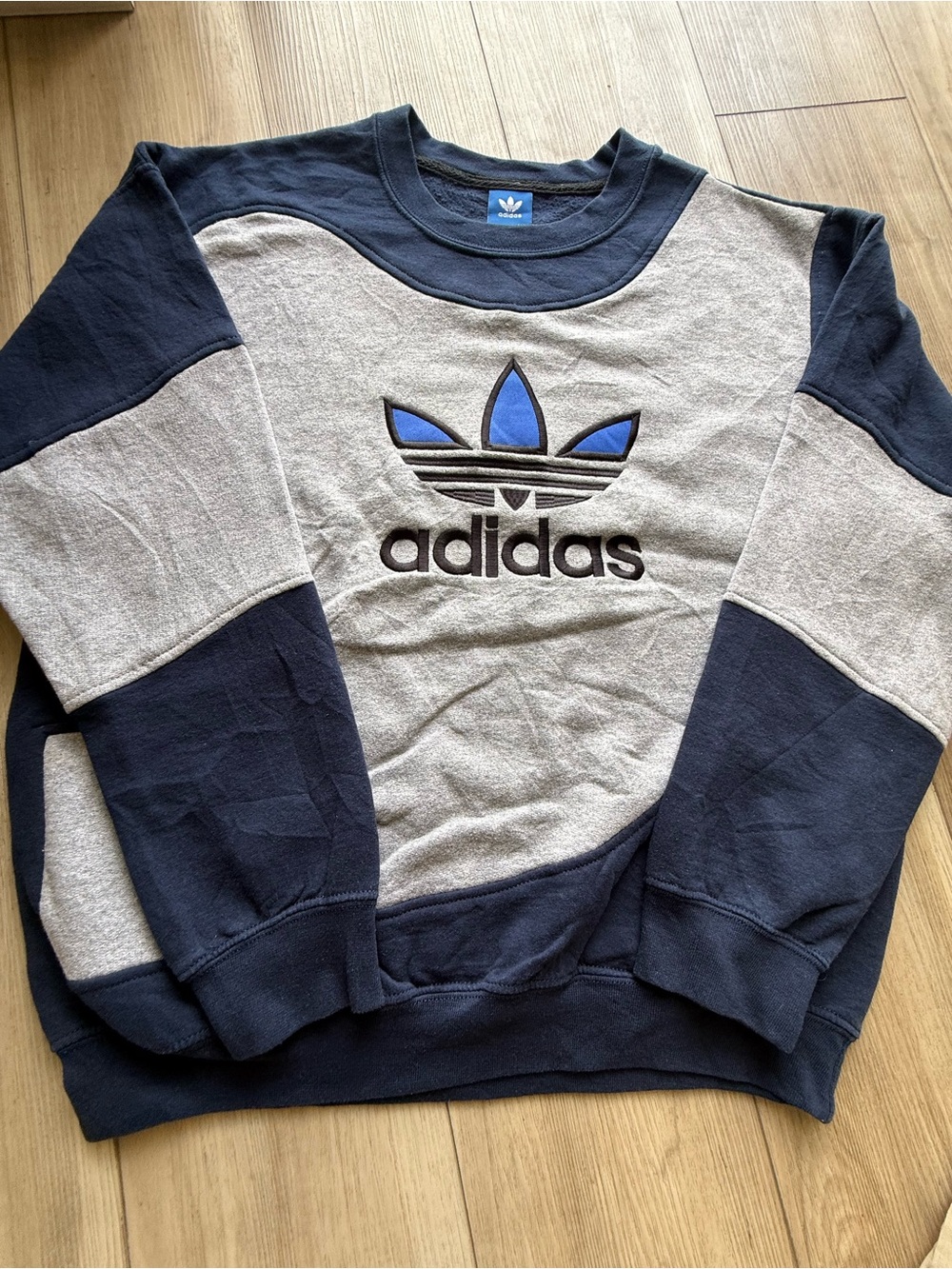 Reworked upcycled Adidas Men’s Navy and Gray Trefoil Crewneck Sweatshirt